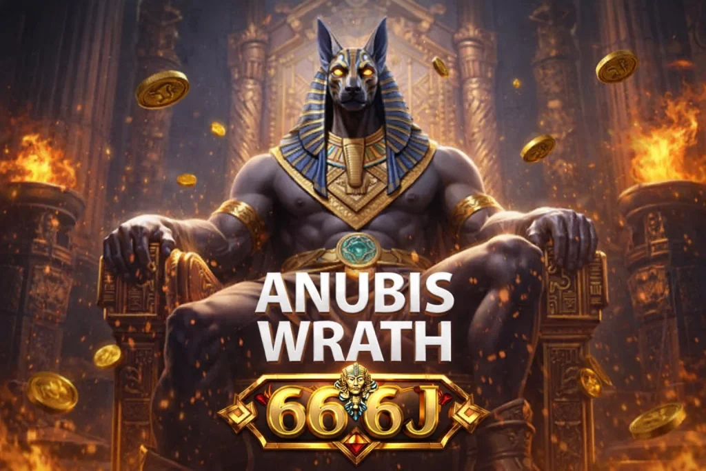 Visual Anubis dengan zirah emas dan tongkat sihir di depan piramida dalam permainan Anubis Wrath di platform 666J.